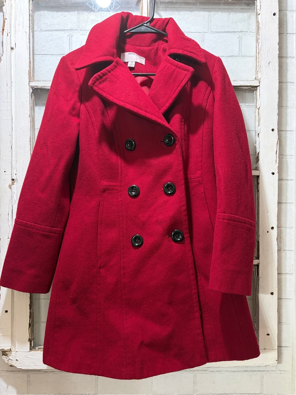 ANNE KLEIN Red Wool Blend Double Breasted Peacoat Coat Size S